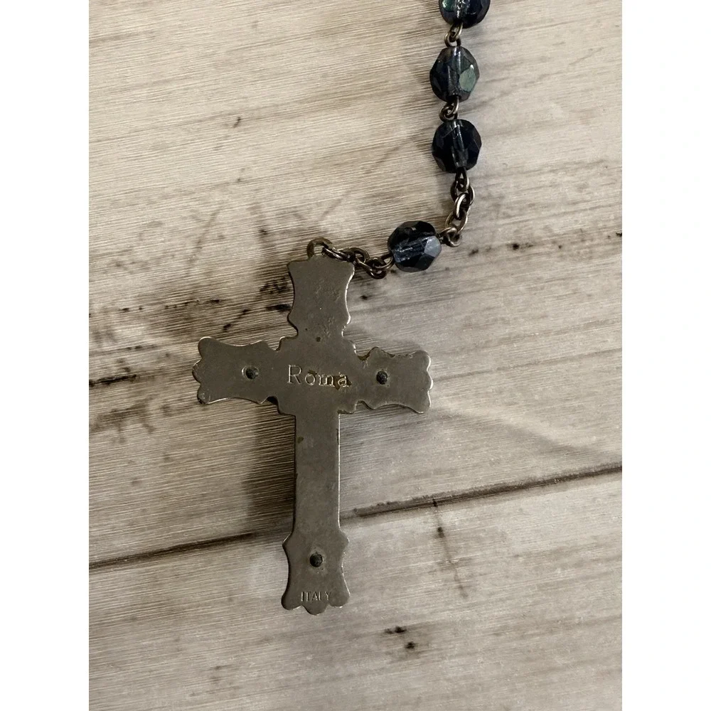 A vintage blue glass bead rosary with a silver-toned metal crucifix and medal. - Picture 7 of 10